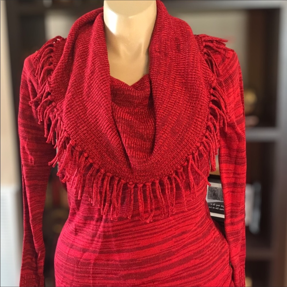 New Directions LARGE Red Fringe Cowl Sweater NWT.
